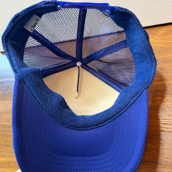 CLARE V. Oui Trucker Hat Unisex Blue With Red Writing Stylish Statement Cap - Picture 4 of 4